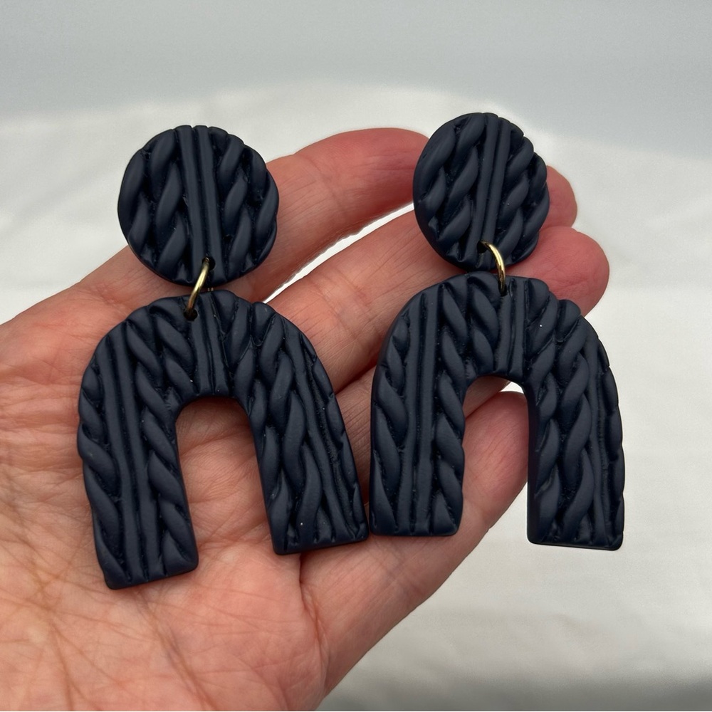 Handmade Polymer Clay Montra Arches Earrings Blue Knit Braided Pattern 2.5"